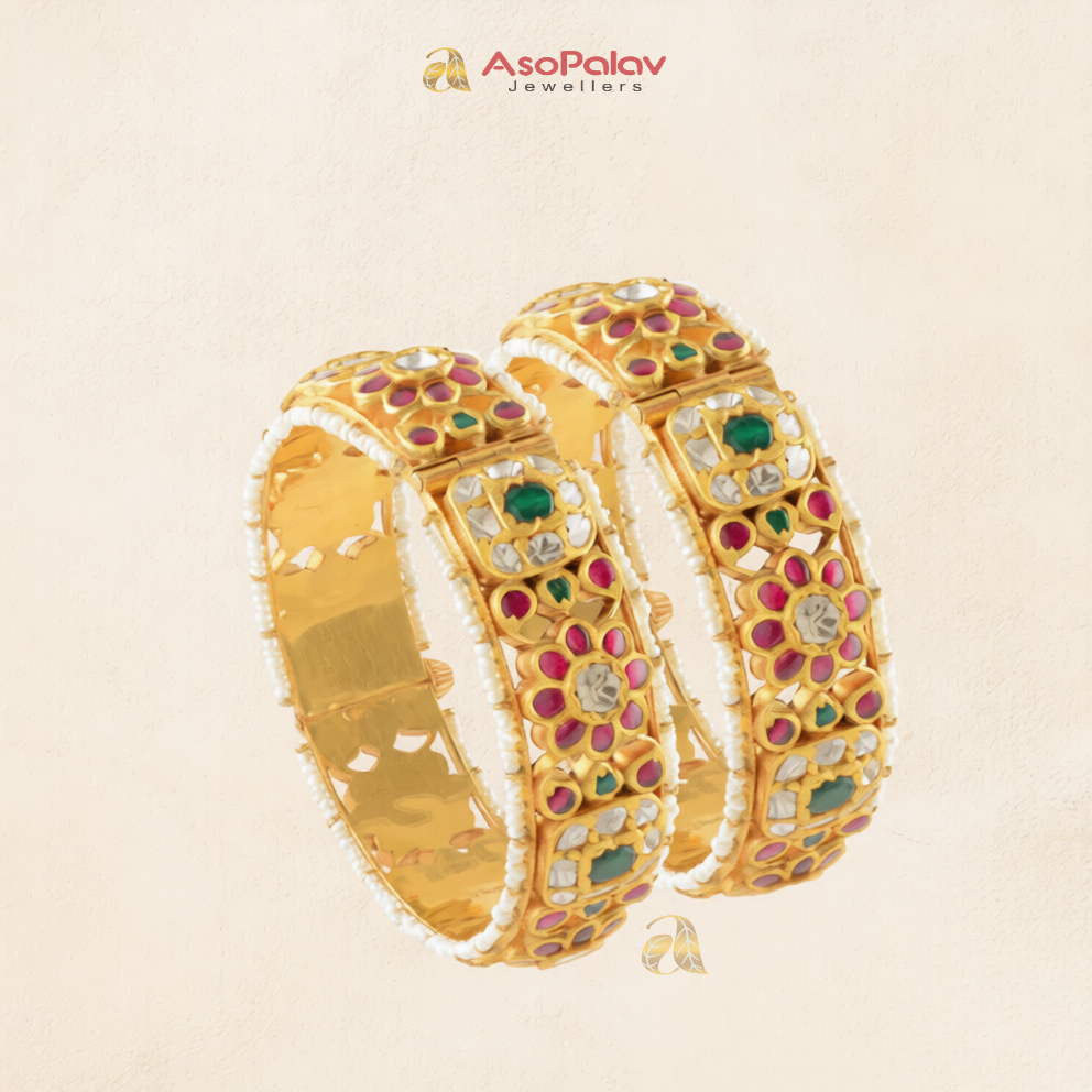 22K Floral Gold Bangles with Pearls, Ruby & Emerald